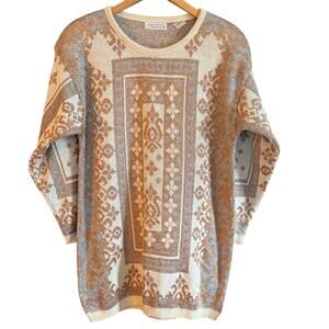 90s Vintage | Express | Metallic Silver and Gold Patterned Sweater Tunic Medium